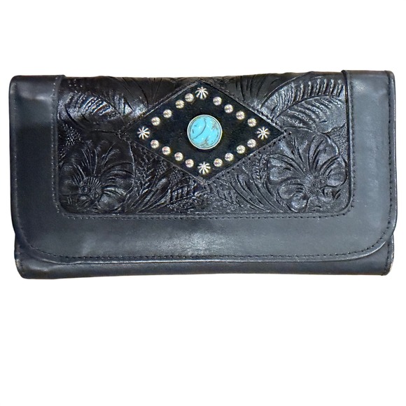 Handbags - Western Black Leather Trifold Wallet Floral Tooling Turquoise Stone Studded